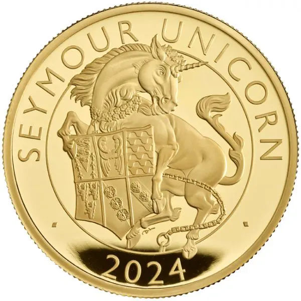 Zlatá minca Tudorovské zvieratá - Seymour Unicorn 2024, 1 oz v etuji