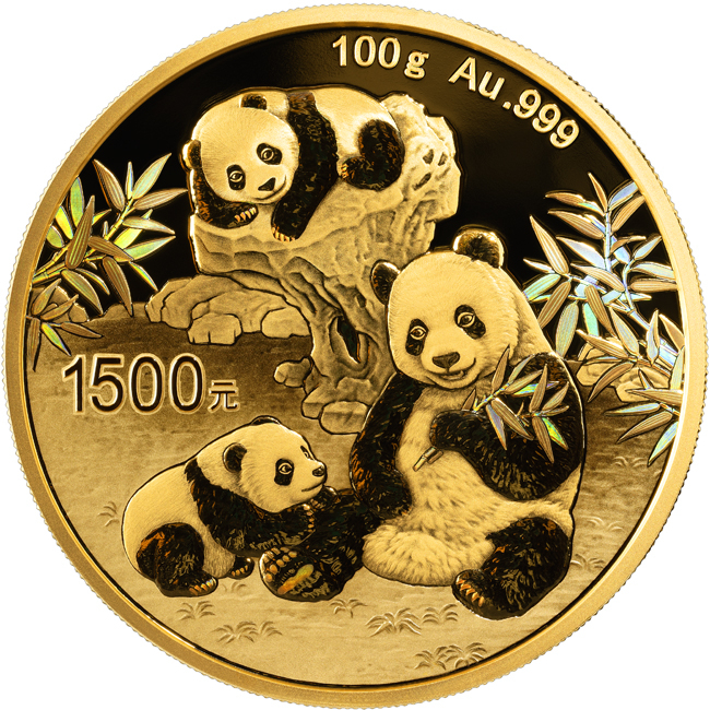 Zlatá mince Panda 2025, 100 g v etuji