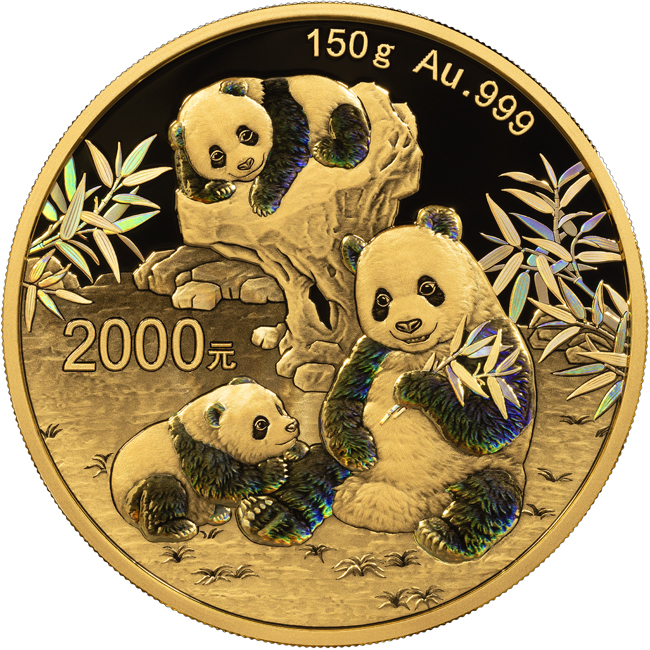 Zlatá mince Panda 2025, 150 g v etuji