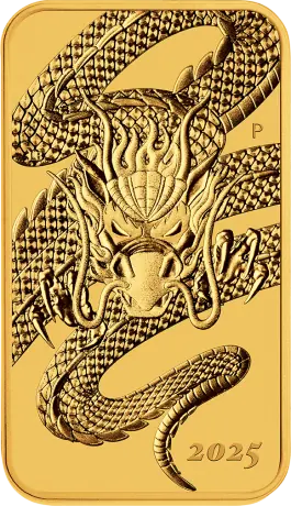Zlatá obdĺžniková minca Drak 2025, 1 oz